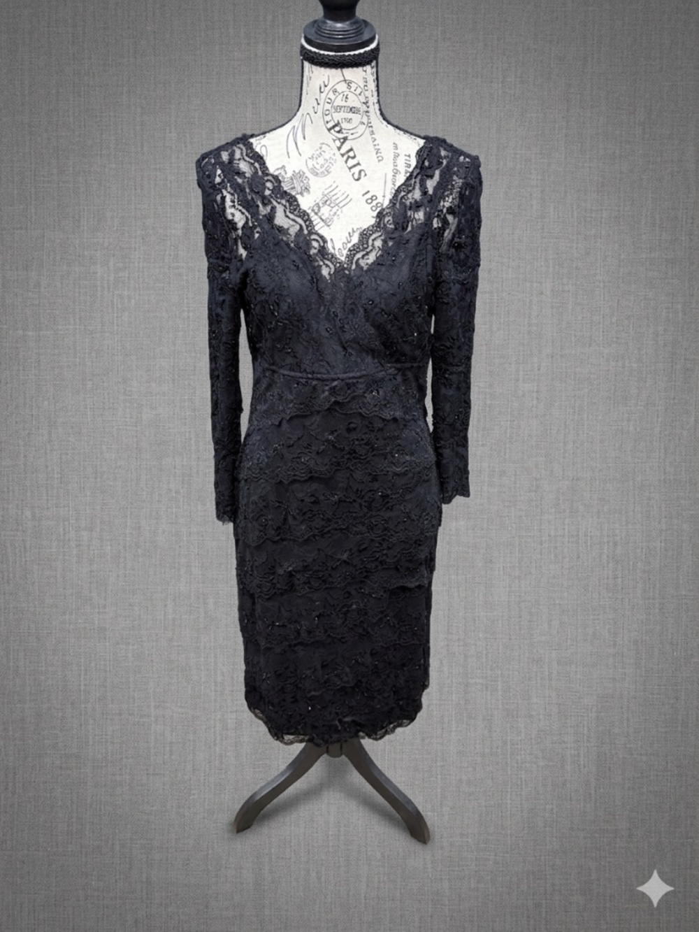 Marina Black Beaded Lace Tiered Cocktail Dress - Women's Size 10 - Evening/Event